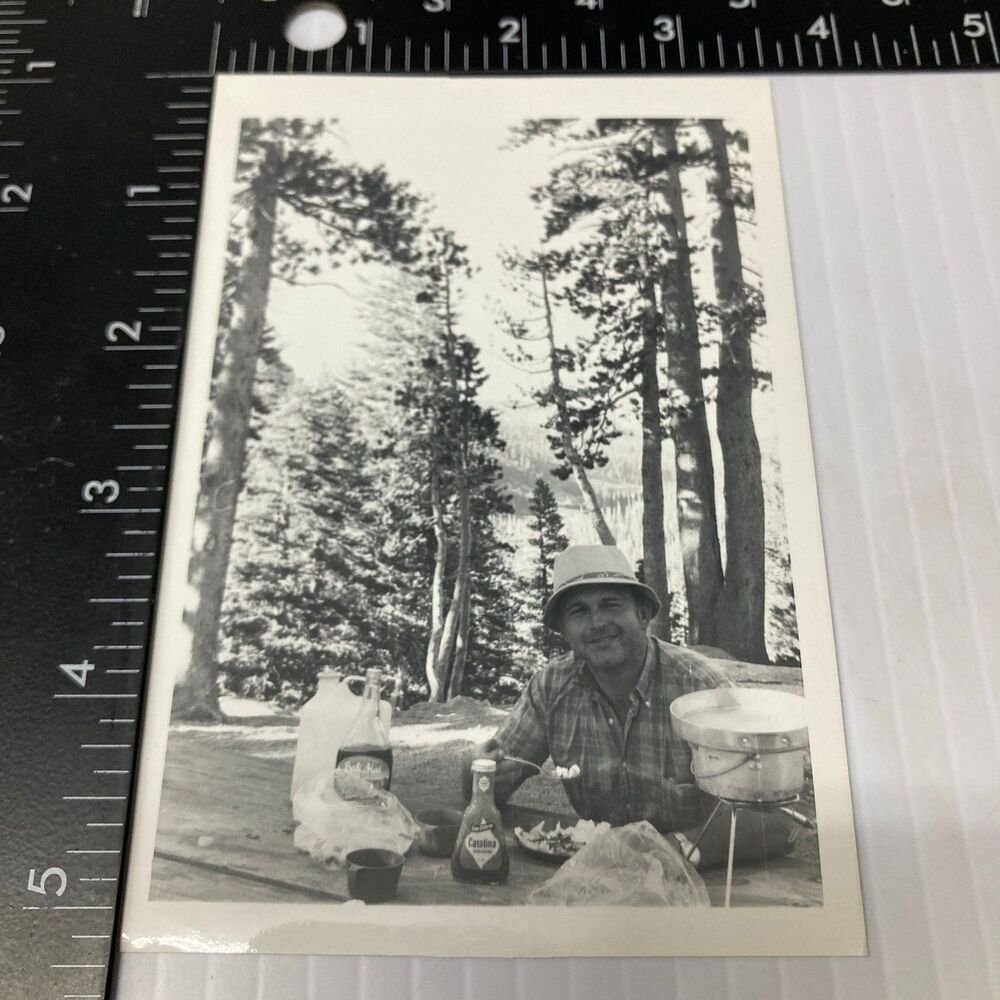 Man Camping Picnic 1950s Snapshot Photograph Outdoors Lake Trees Vintage